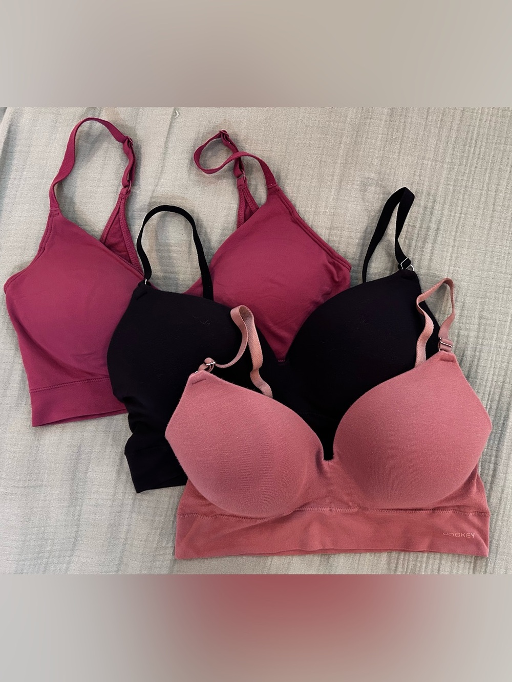 Jockey Set of 3 Tan, Pink, & Black Wireless Seamless Bralettes with Sewn-in Cups